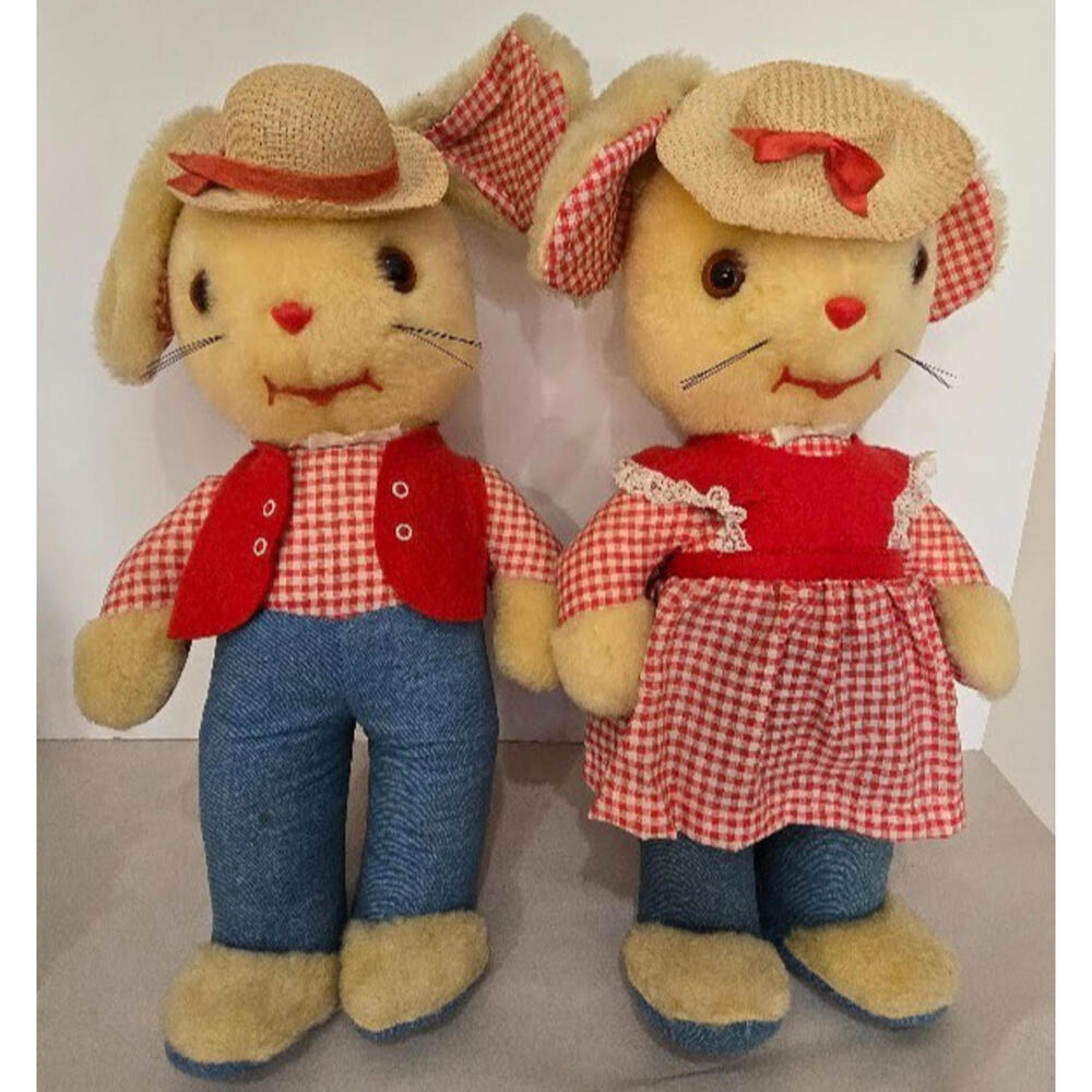 Gund Vintage Boy and Girl Bunny Set 19" Standing Plush Straw Hats Gingham Denim